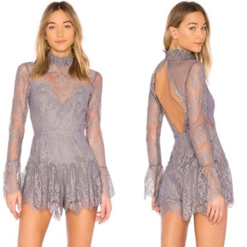 Saylor Nellie Lace Romper Slate Gray Mock Neck Flare Sleeve Open Back Cocktail
